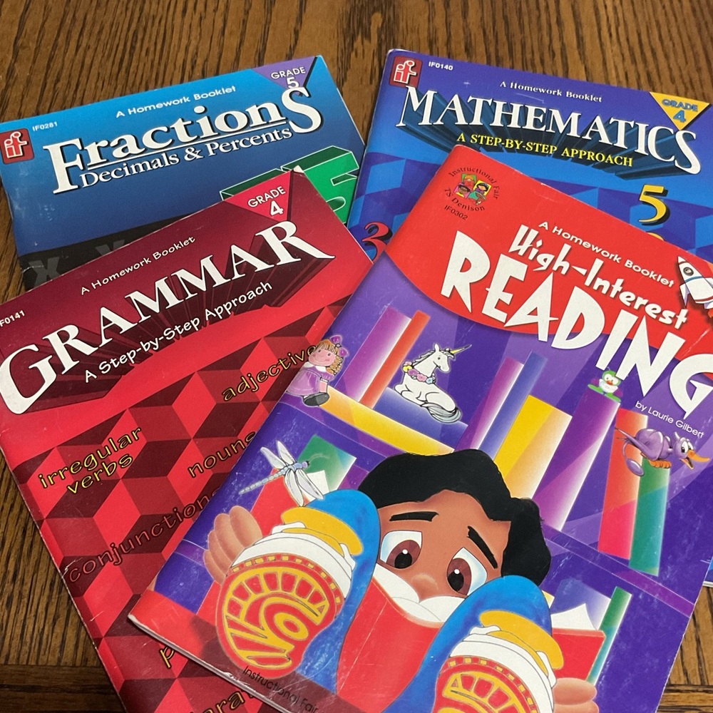 Educational Workbooks: Grade 4 Grammar, Mathematics, Reading & Fractions Grade 5